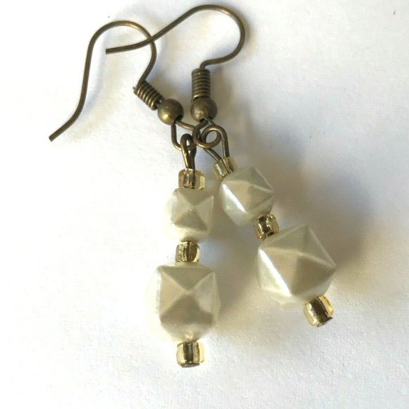 Vintage Cream White Bead Earrings MCM Upcycled 60's Geometric Beads Gold Plated - Picture 8 of 10
